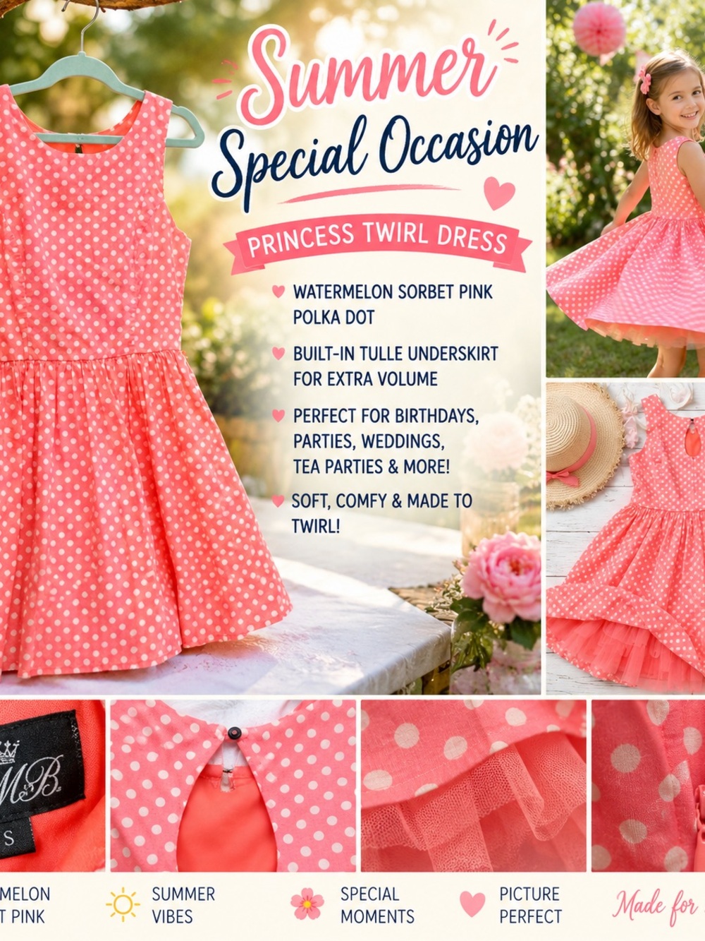 Princess Twirl Dress — Watermelon Sorbet Pink Polka Dot (Kids)